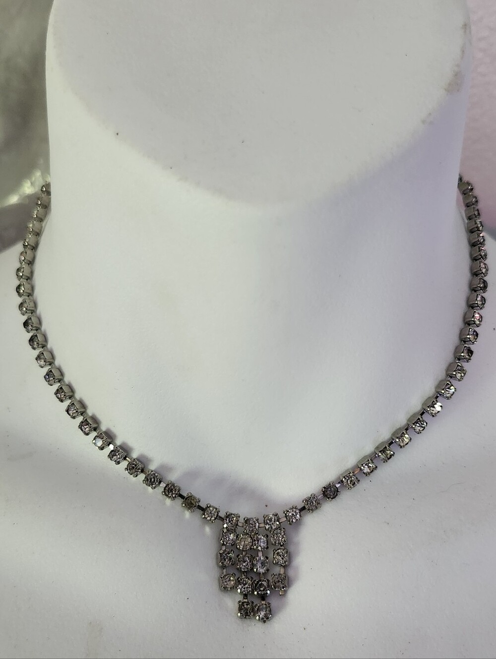 Vtg Silver Tone Rhinestone Tennis Choker Necklace With Cluster Pendant